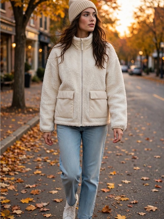 Hyba Jackets & Blazers - Cream Sherpa Zip-Front Teddy Jacket with Patch Pockets